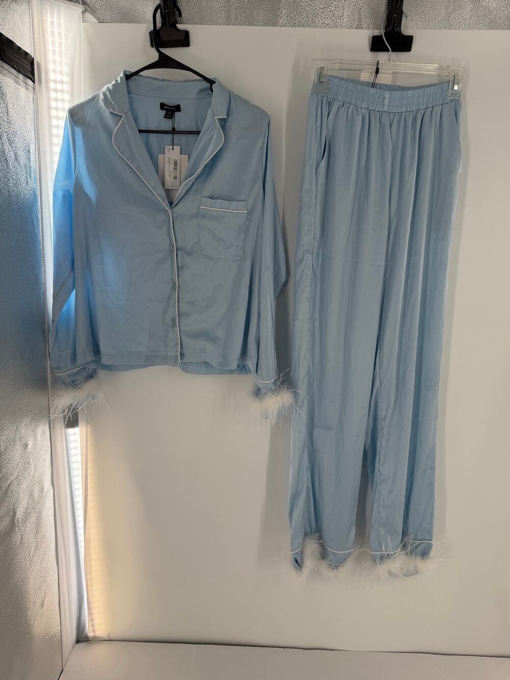 Nasty Gal Something Blue Bridal Pajama Set US 4 Baby Blue Feather Trim NWT